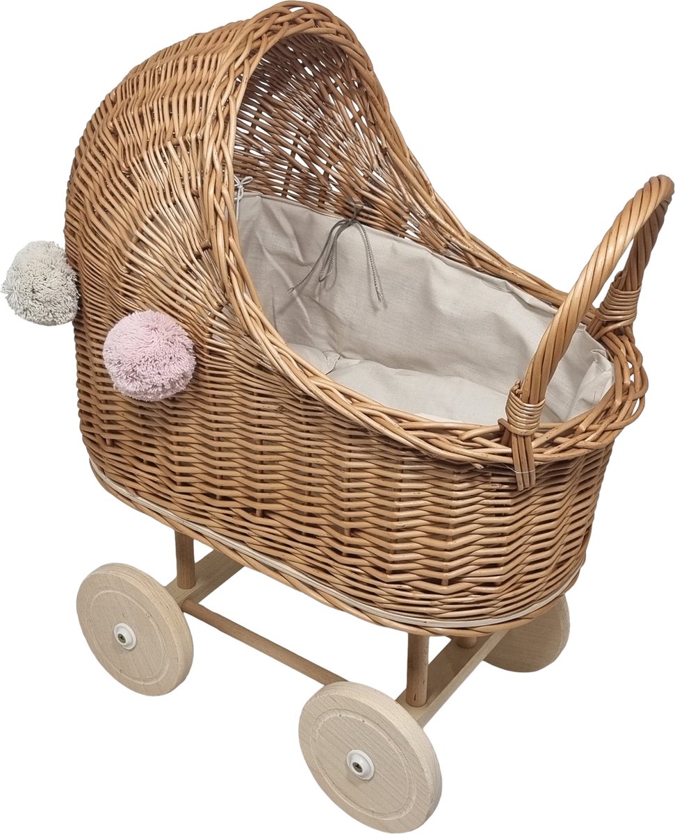   - Rieten   - kinderwagen- met pompons -Crème - Beige bekleding - 2 kussentjes