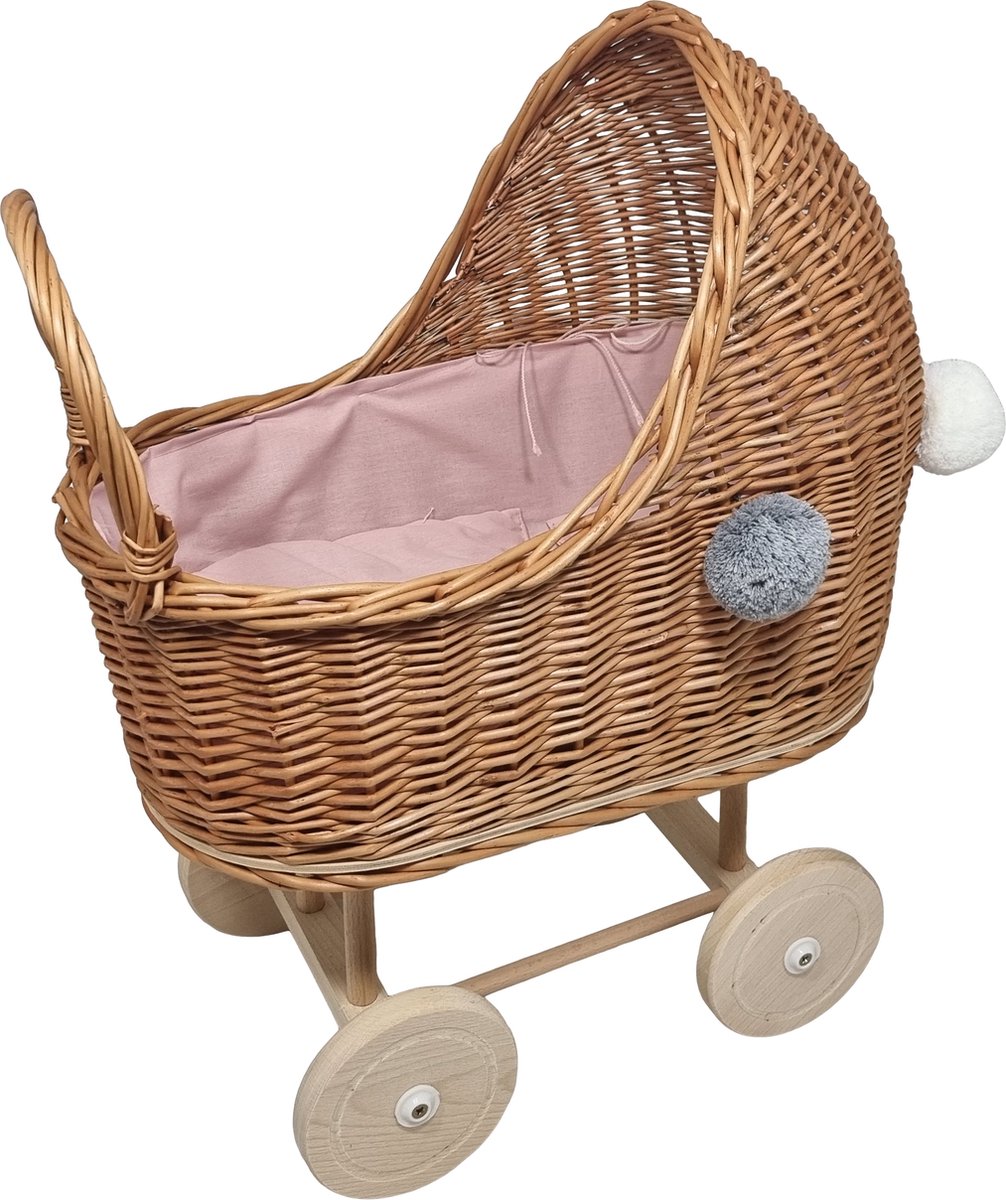   - Rieten   - kinderwagen- met pompons -roze bekleding - 2 kussentjes