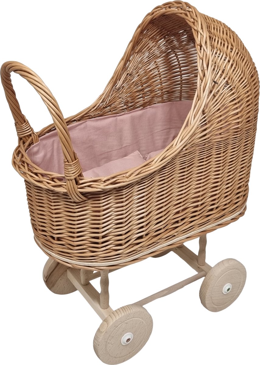   - Rieten   - kinderwagen- roze bekleding met kussentjes rieten kap -houten wielen