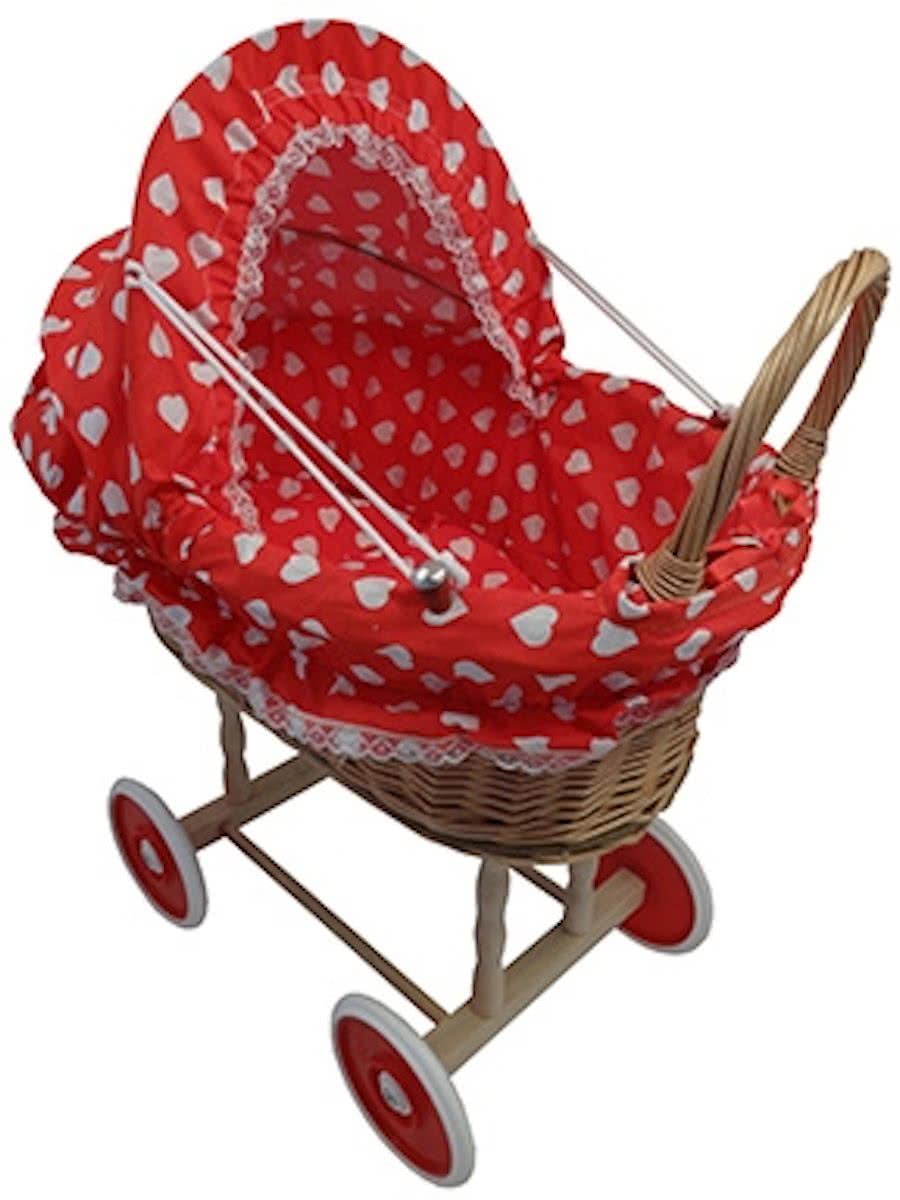 Playwood - Rieten poppenwagen rood met grote hartjes met opvouwbare stoffen kap - Plastic wielen