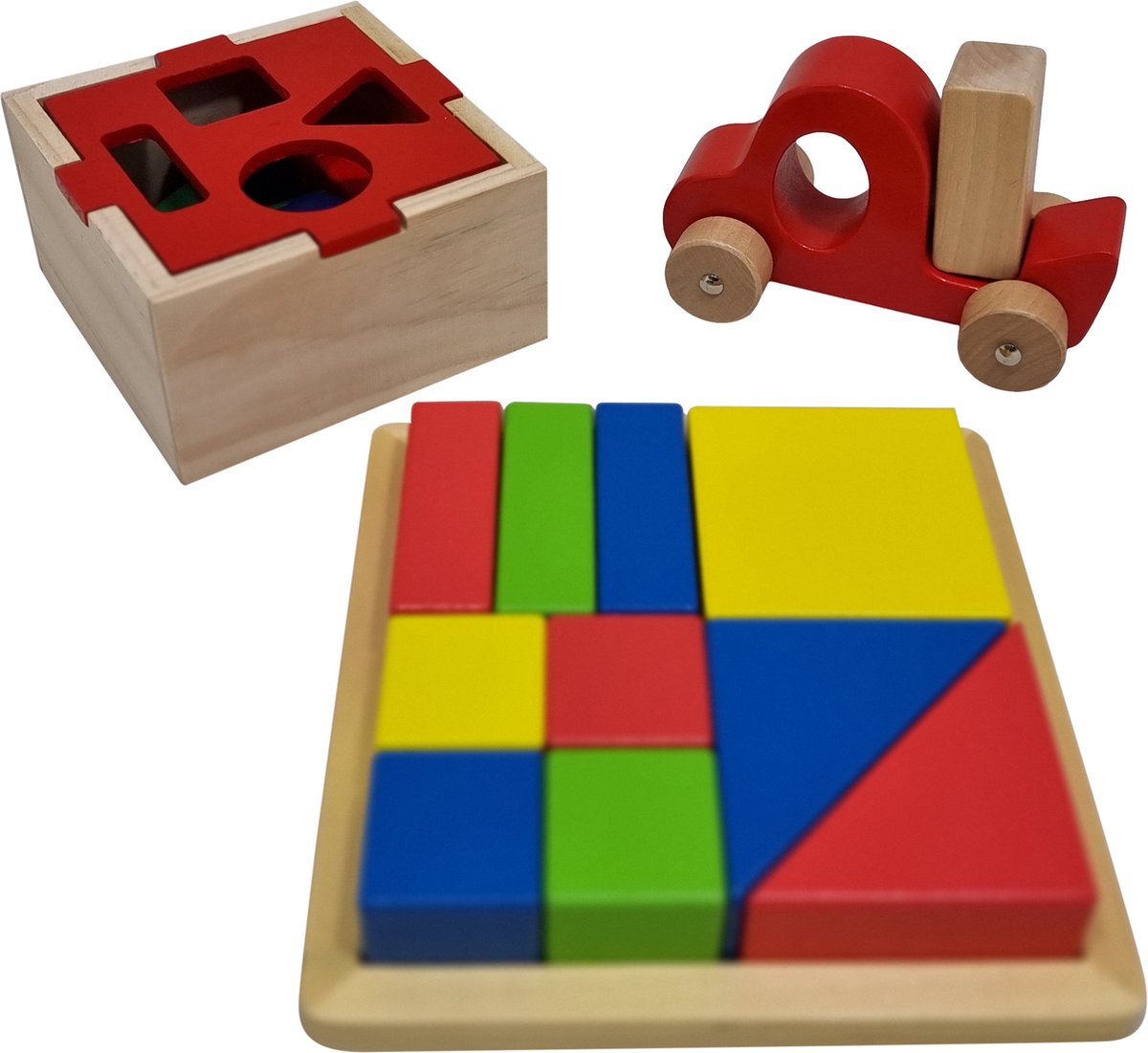   Houten speelgoedset blokken grijpauto vormenstoof blokkenstoof 3 stuks speelgoed voor de prijs van 1