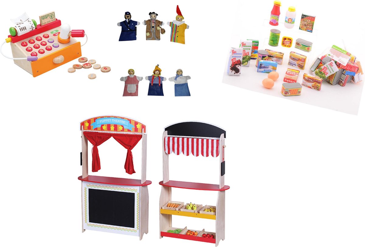 poppenkast Theater en winkel 2 in 1 met 6 poppenkastpoppen-kassa-18-delige boodschappen set 6 kratjes en 24 stuks groente-fruit