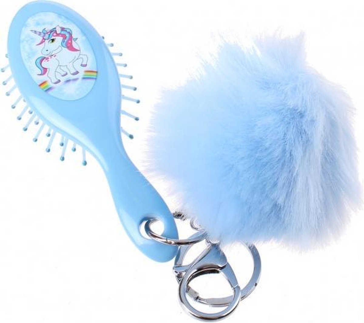 haarborstel en pom-pom sleutelhanger eenhoorn 12 cm blauw