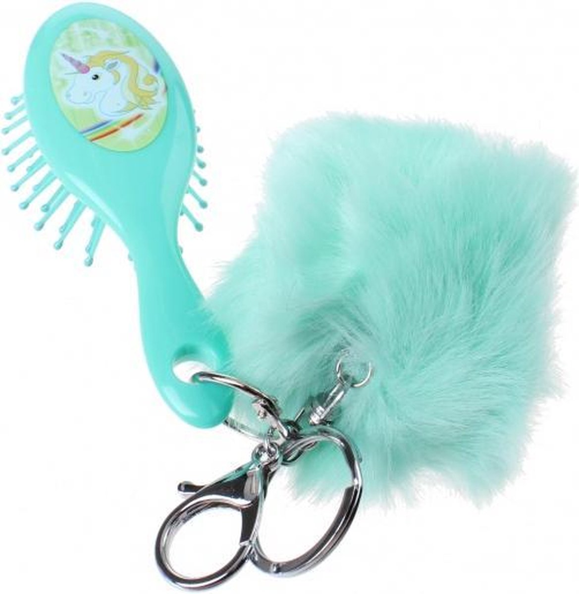 haarborstel en pom-pom sleutelhanger eenhoorn 12 cm groen