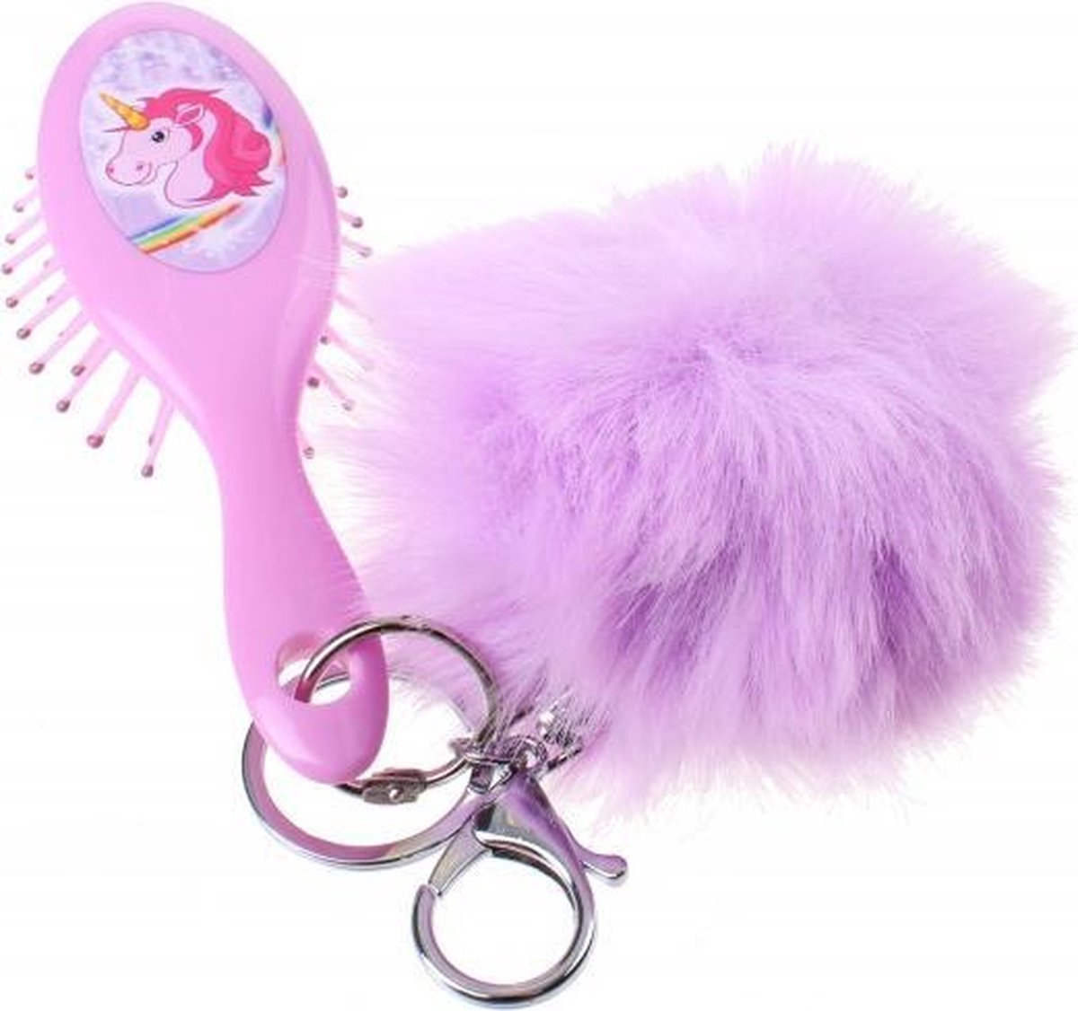 haarborstel en pom-pom sleutelhanger eenhoorn 12 cm paars