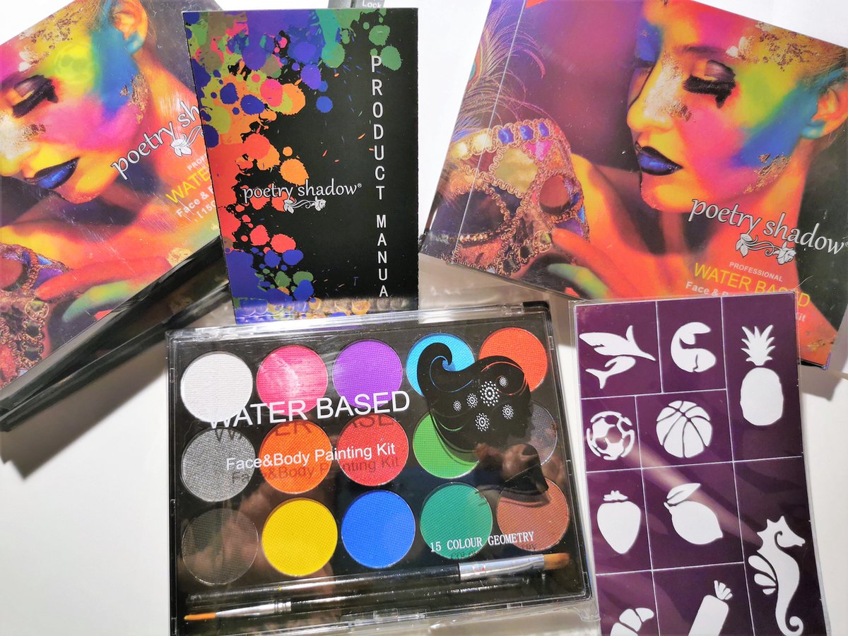 15 Kleuren Face & Body Painting Kit-Schminkset -  Non-Toxic Verf - Makeup Extensions - Water Based - Met 2 Kwasten+4 Plaatjes - Geldere Kleuren- Feest/Party/Halloween/Verjaardag/Nieuwjaar - Kerst Eindjaar Voor Sale!