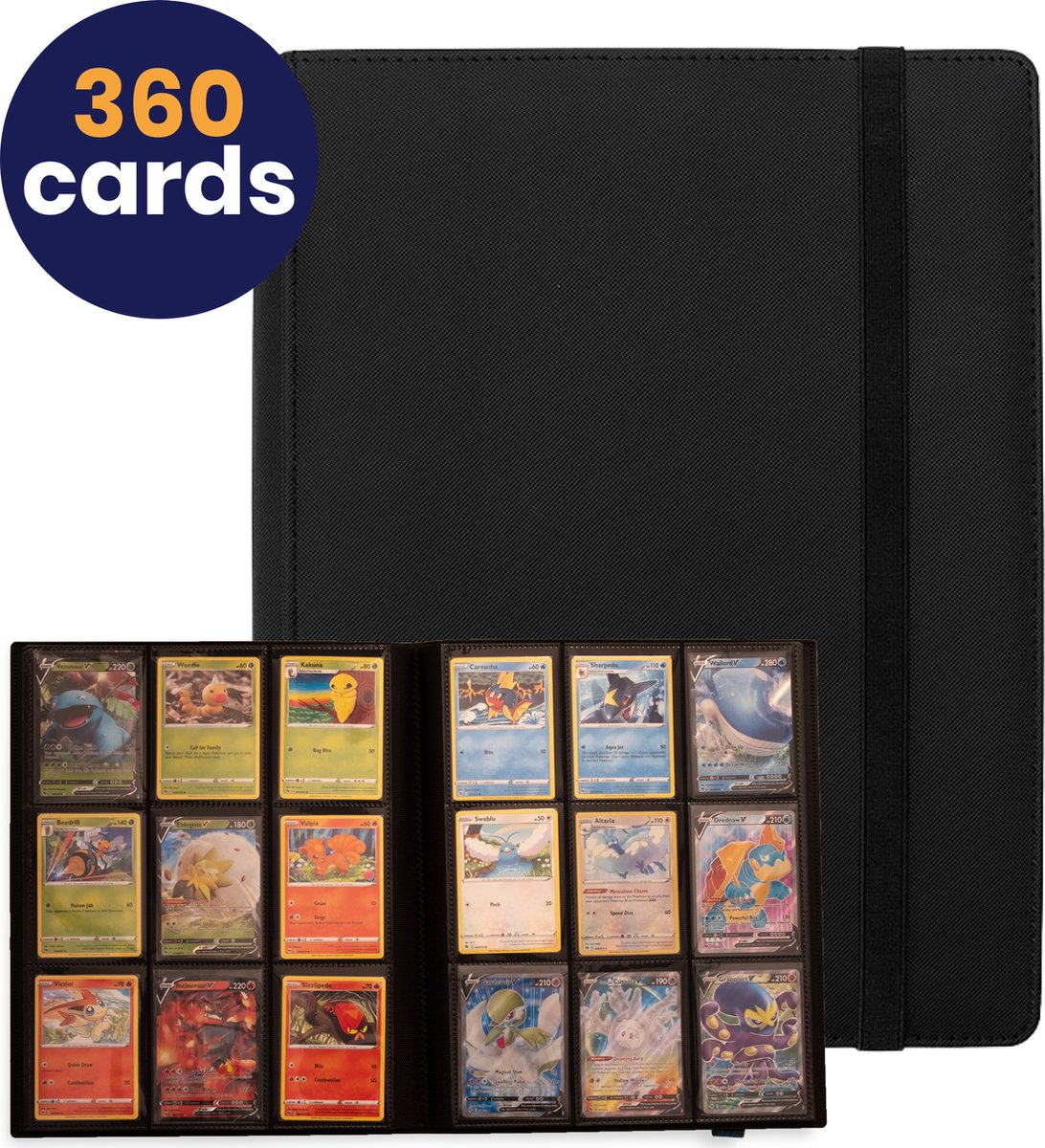   - Binder - Verzamelmap - Pokemon map - 9 Pocket Pages - Magic the Gathering - Yu Gi Oh - Dragonball Z - Map - Elastische Band - Side Loading - Insteekhoezen - Sleeves - 360 Kaarten - Zwart