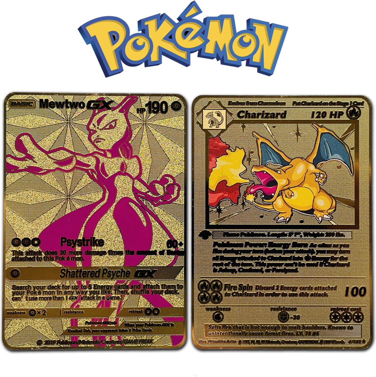 2x Pokémon Gold Metal Card - Mewtwo & Charizard Set - Speciale Kaart - Pokemon Gouden Tag Team Gigantamax - Pokemon Go Kaarten - Set - Speciale Kaart - Collectors Goud