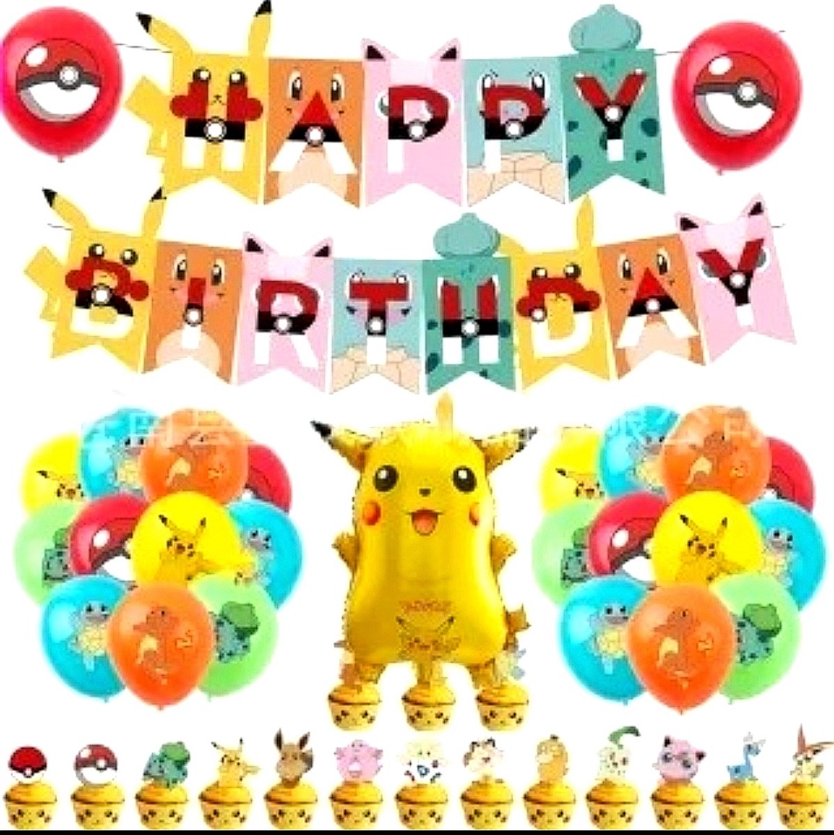 Pokemon verjaardag versiering decoratie feestpakket 38 delig XL-kinderfeestje Incl Taart en Caketopper