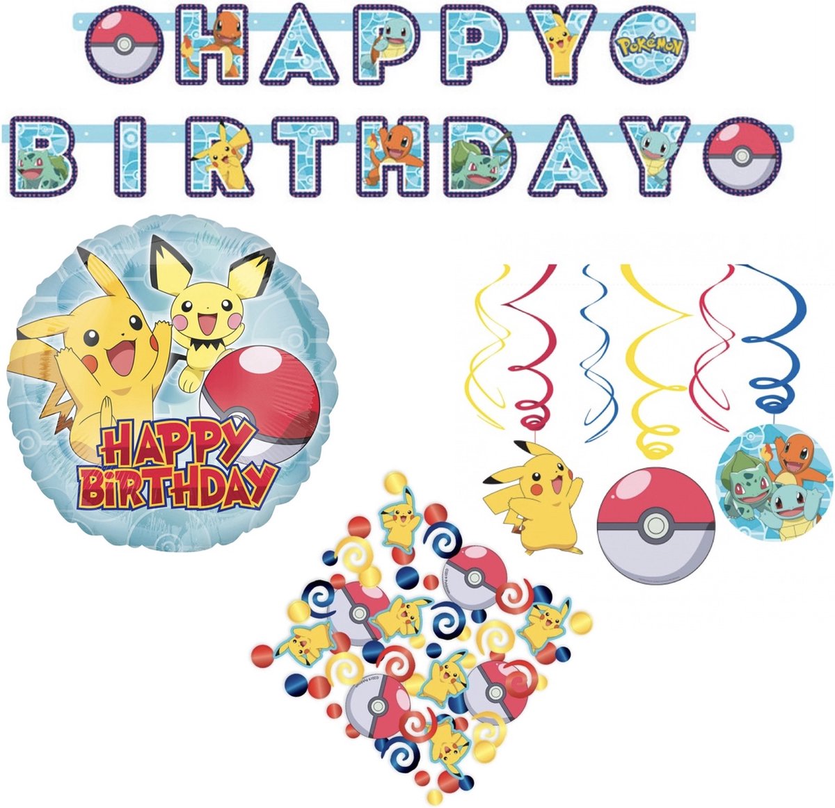 Pokémon Feestversiering - Feest - Swirls - Helium ballon - Happy Birthday slinger - Confetti