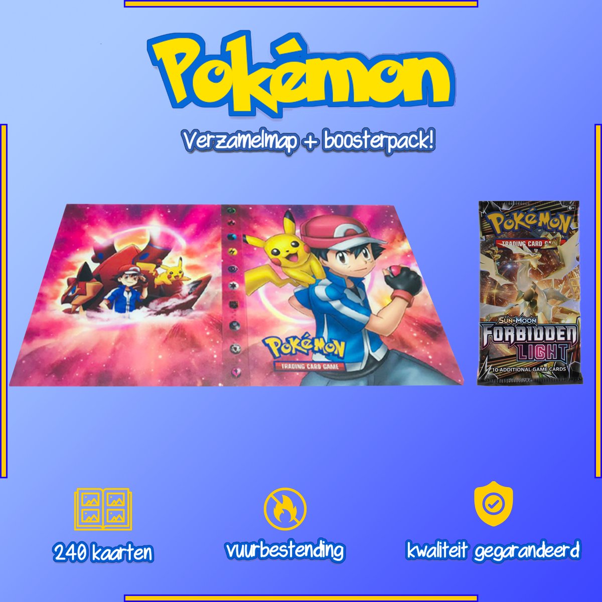 Pokémon Verzamelmap – Inclusief Pakje Kaarten  – 240 kaarten opslag  – Booster Pack - Ash en Pikachu RoodB