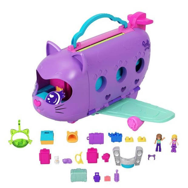 Polly Pocket-transformeerbare kitten-vliegtuigdoos met 2 minifiguren HWP19