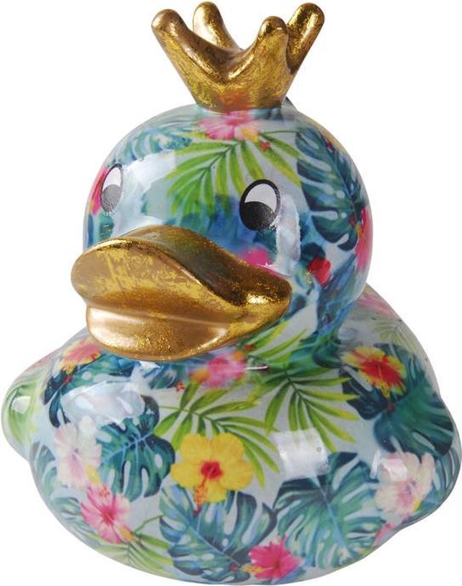 Pomme Pidou spaarpot eend Ducky - Turquoise met gekleurde bladeren en bloemen