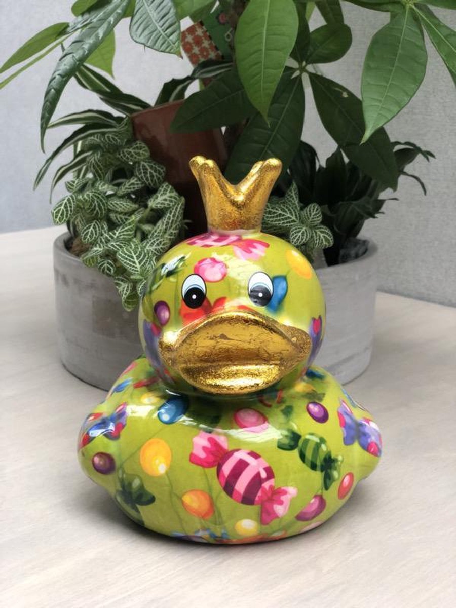 Pomme Pidou spaarpot eend Ducky M oranje met gekleurde paraplutjes