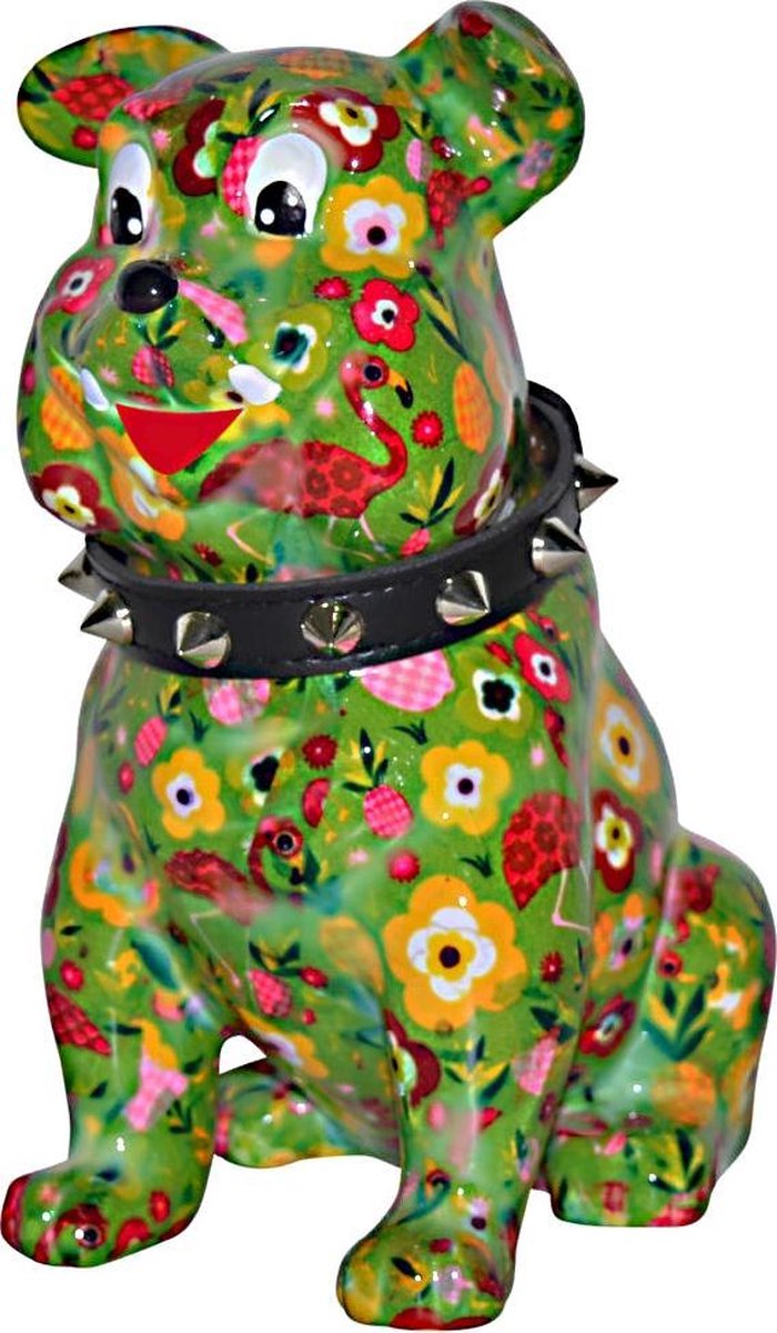 Spaarpot Bulldog Buddy Pomme Pidou geel groen met bloemen