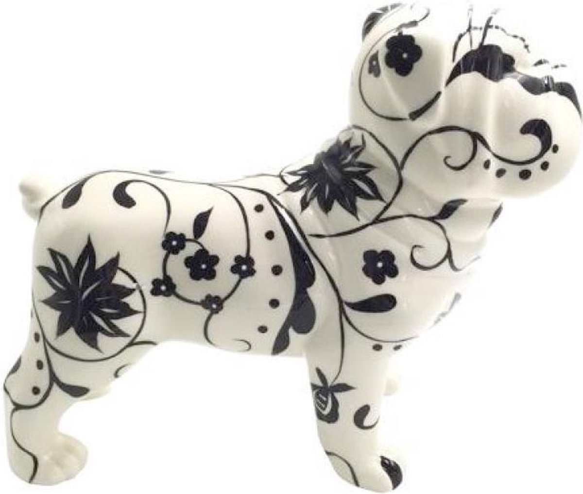 Spaarpot Engelse Bulldog Max zwart wit met bloemenstengels