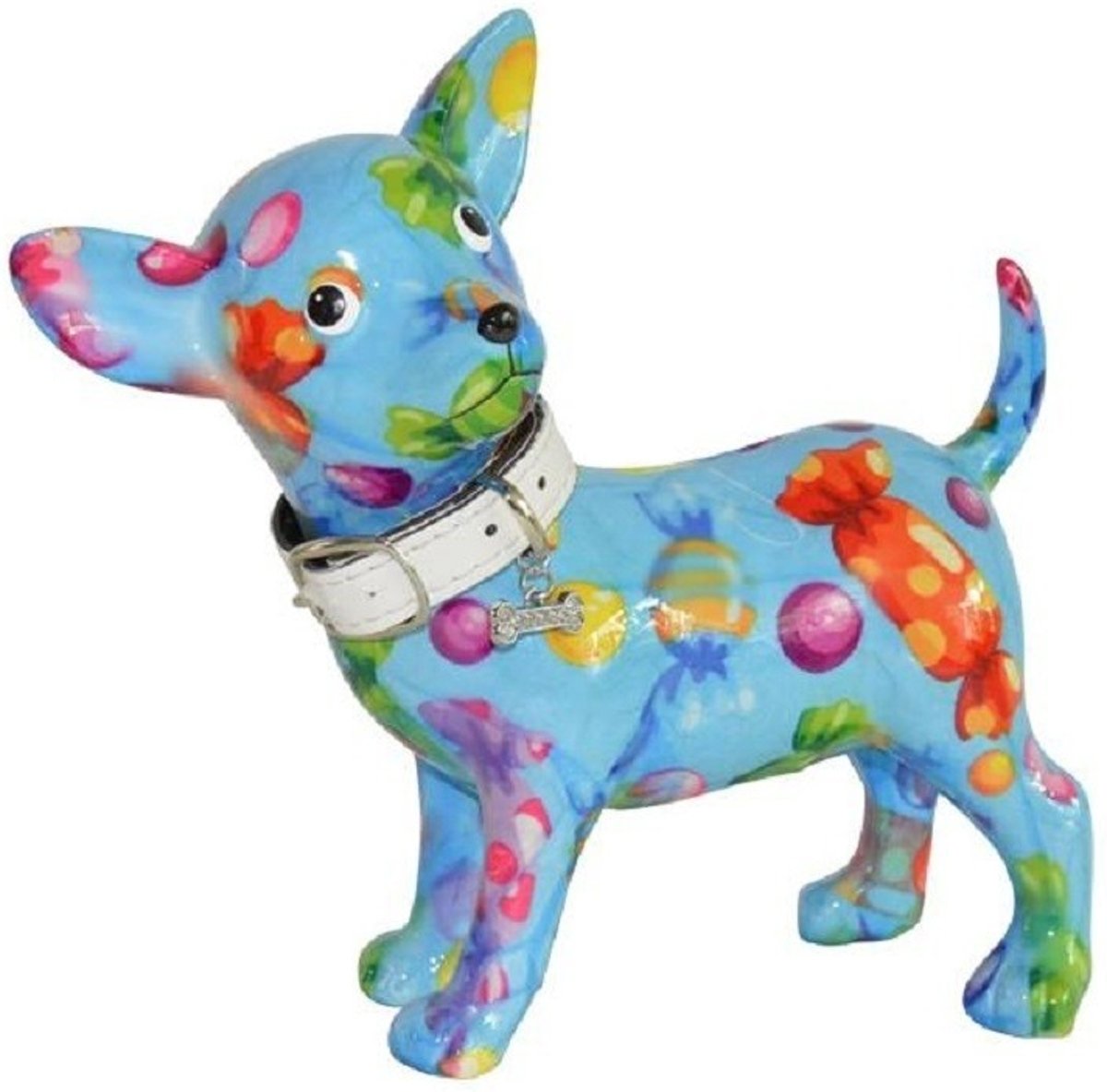 Spaarpot chihuahua hond blauw met snoep print 21 cm - Pomme-pidou honden/dieren spaarpotten