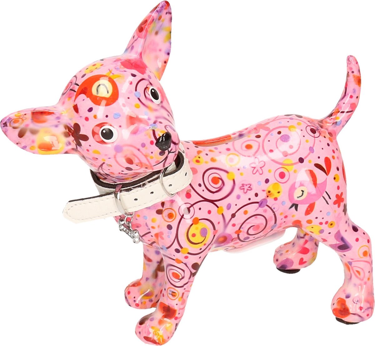 Spaarpot chihuahua hond lichtroze met bloemen/hartjes/retro print 21 cm - Pomme-pidou honden/dieren spaarpotten