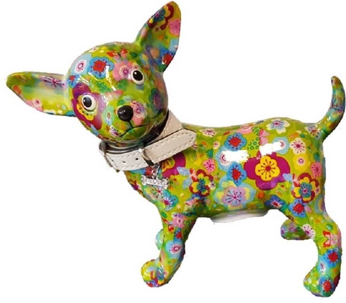 Spaarpot chihuahua hond lime groen met bloemen 21 cm - Pomme-pidou honden/dieren spaarpotten