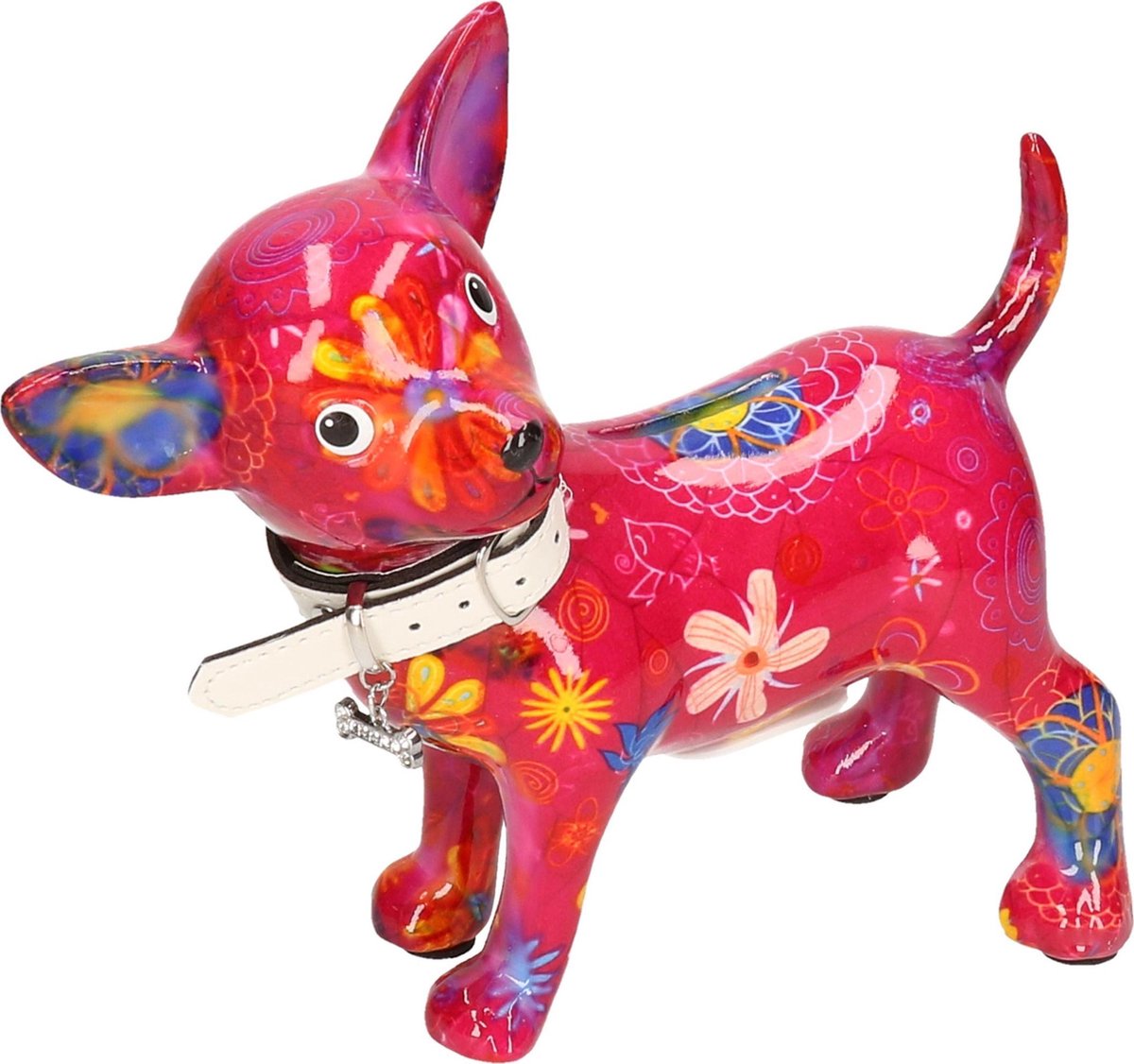 Spaarpot chihuahua hond paars/roze met bloemen print 21 cm - Pomme-pidou honden/dieren spaarpotten