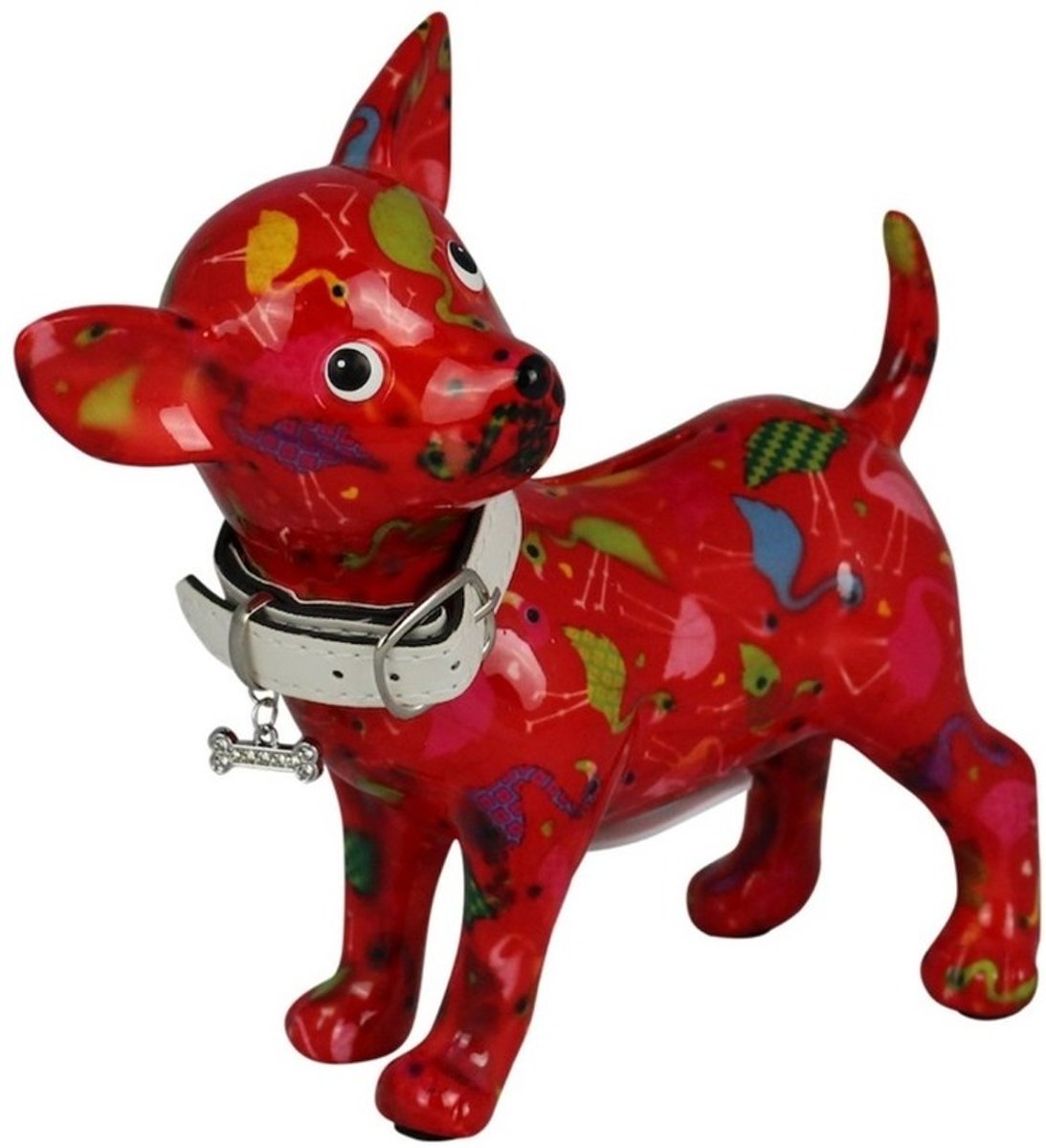 Spaarpot chihuahua hond rood met flamingo print 21 cm - Pomme-pidou honden/dieren spaarpotten