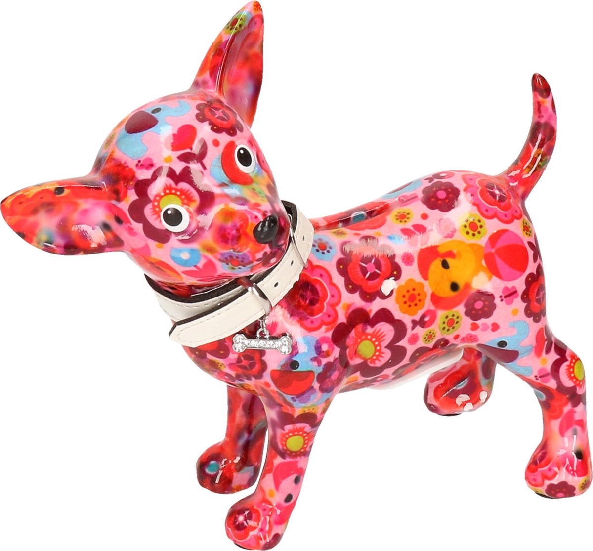 Spaarpot chihuahua hond roze met olifant en bloemen print 21 cm - Pomme-pidou honden/dieren spaarpotten