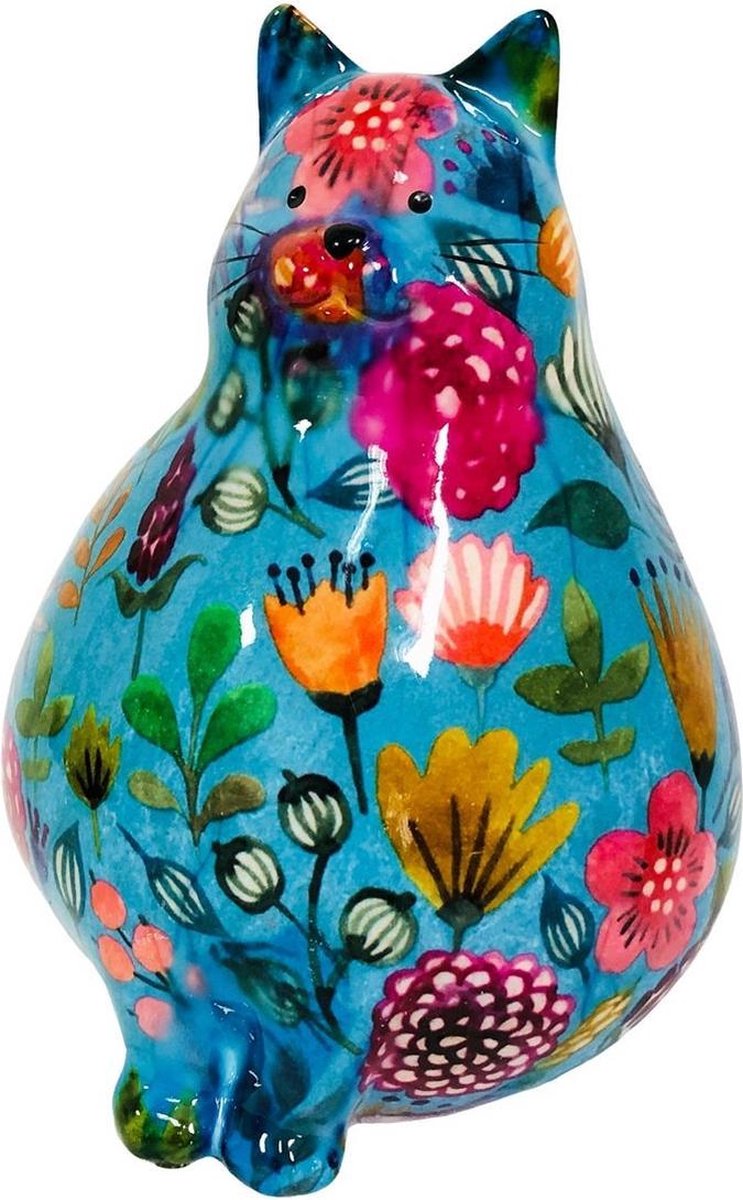 Spaarpot dikke kat/poes blauw met bloemetjes 17 cm porselein - Dieren spaarpotten - Pomme Pidou