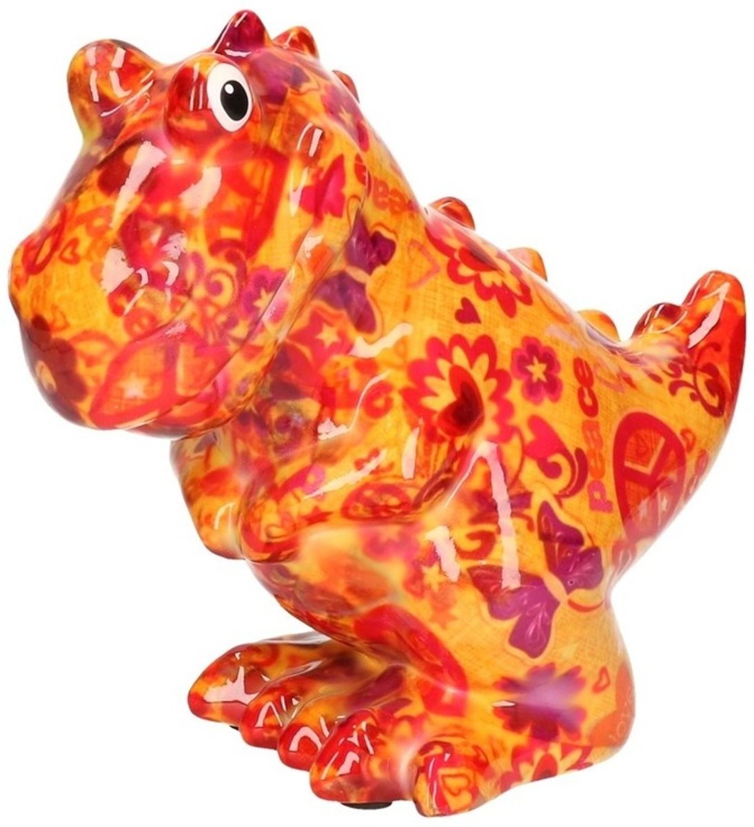 Spaarpot dinosaurus oranje met love and peace 17 cm - Pomme Pidou dinosaurusen dieren spaarpotten