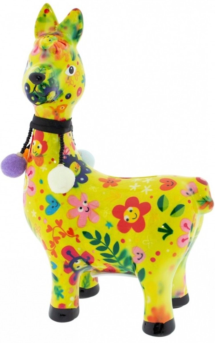 Spaarpot lama/alpaca geel met gekleurde bloemen print 23 cm - Pomme-Pidou dieren spaarpotten van porselein