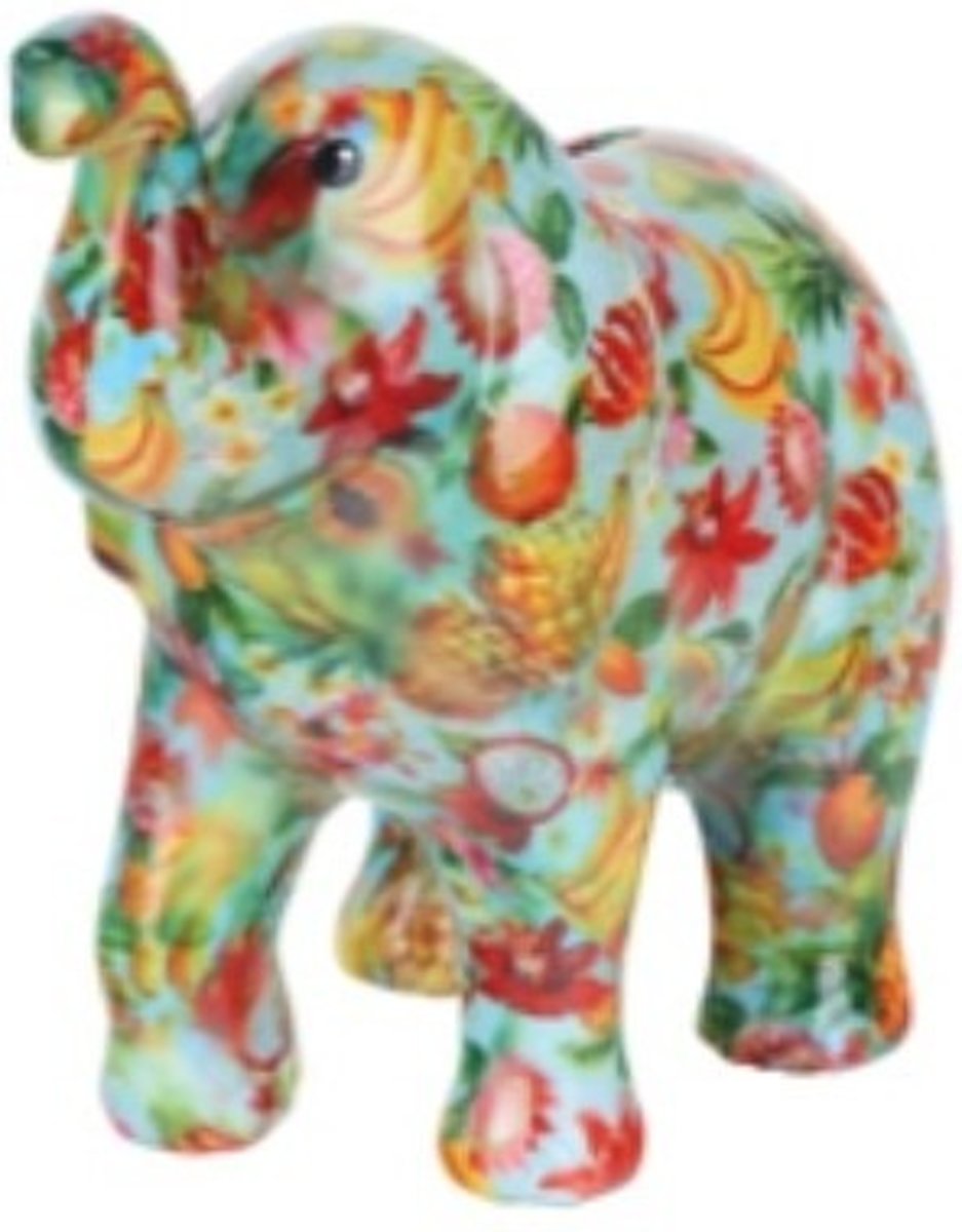 Spaarpot olifant blauw met fruit 20 cm - Pomme Pidou olifanten spaarpotten