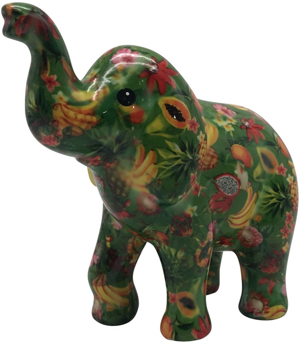 Spaarpot olifant groen met tropisch fruit 20 cm - Pomme Pidou olifanten dieren spaarpotten