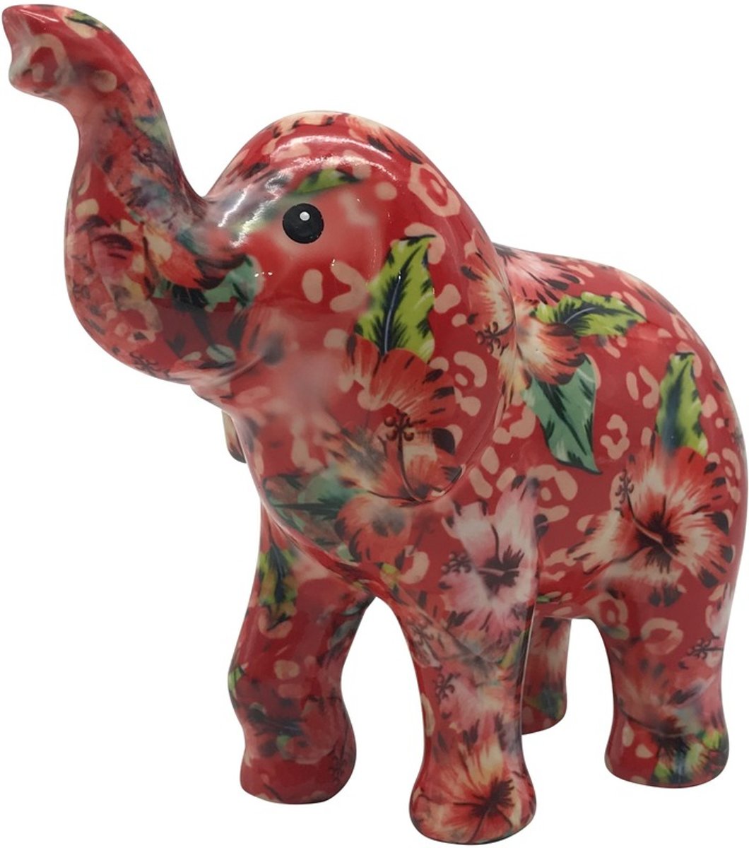 Spaarpot olifant rood met Hibiscus bloemen 20 cm - Pomme Pidou olifanten dieren spaarpotten