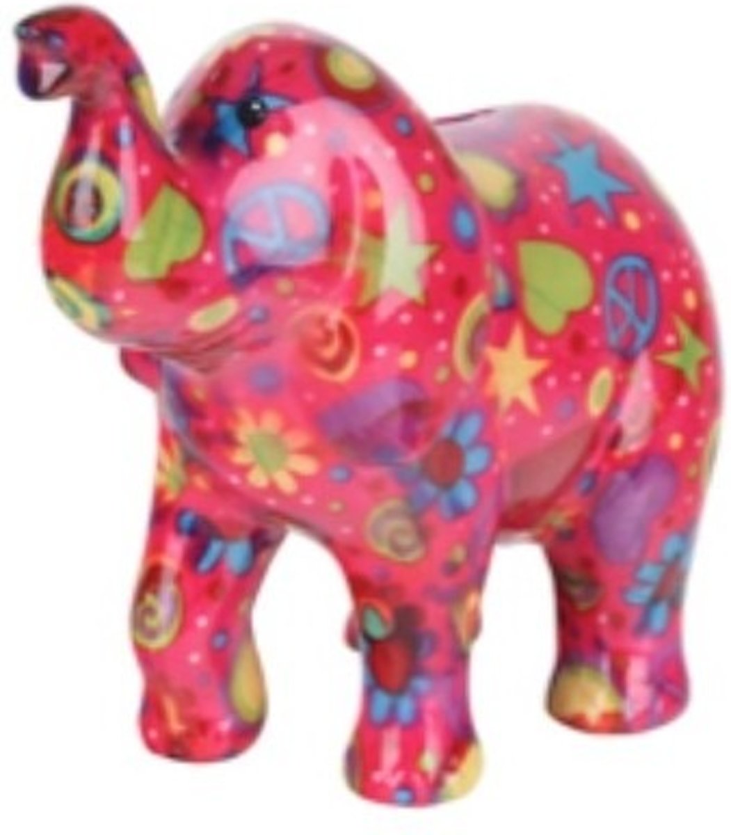 Spaarpot olifant roze met love and peace 20 cm - Pomme Pidou olifanten spaarpotten