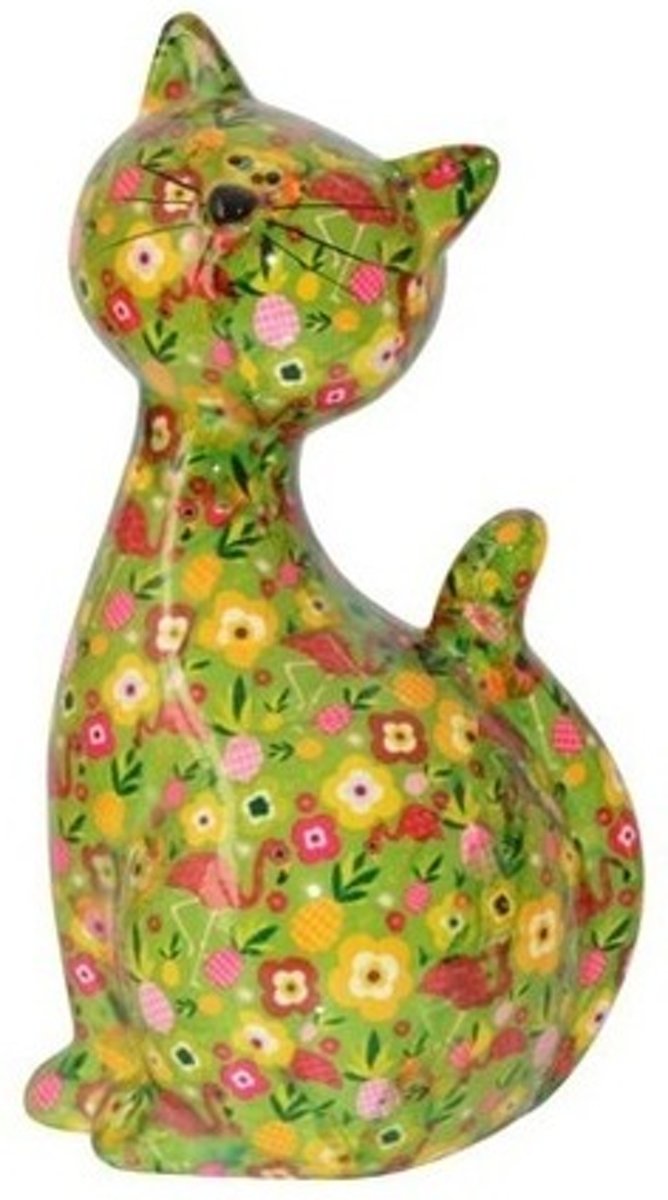 XL spaarpot kat/poes groen met flamingos en bloemen 30 cm - Dieren spaarpotten