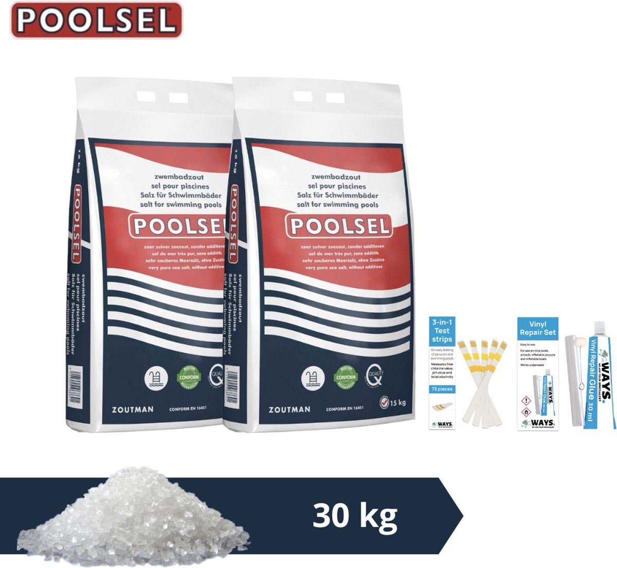 Poolsel zwembadzout - Geschikt voor zoutwatersysteem - 30 kg & WAYS Scrubborstel