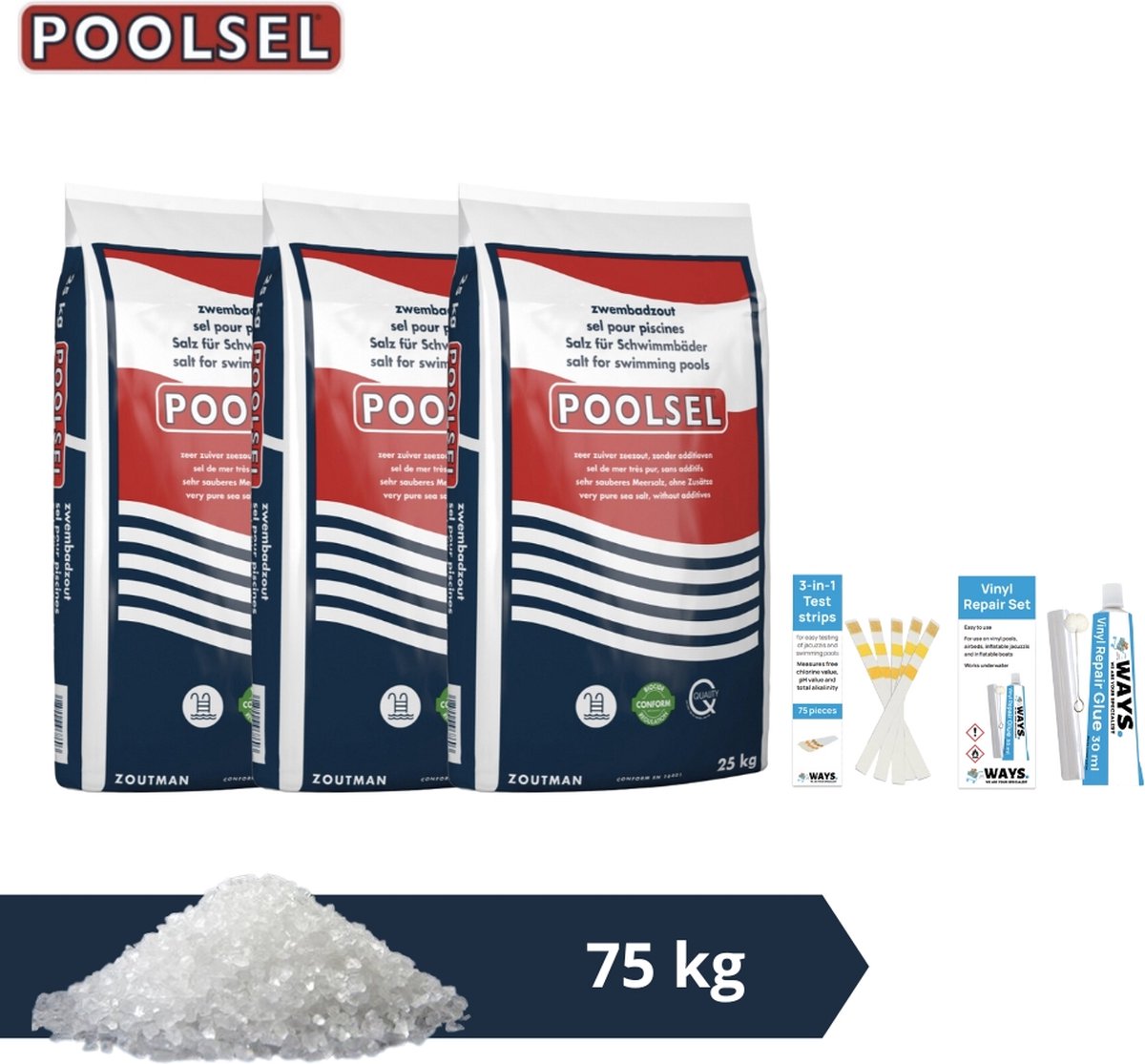 Poolsel zwembadzout - Geschikt voor zoutwatersysteem - 75 kg & WAYS Scrubborstel