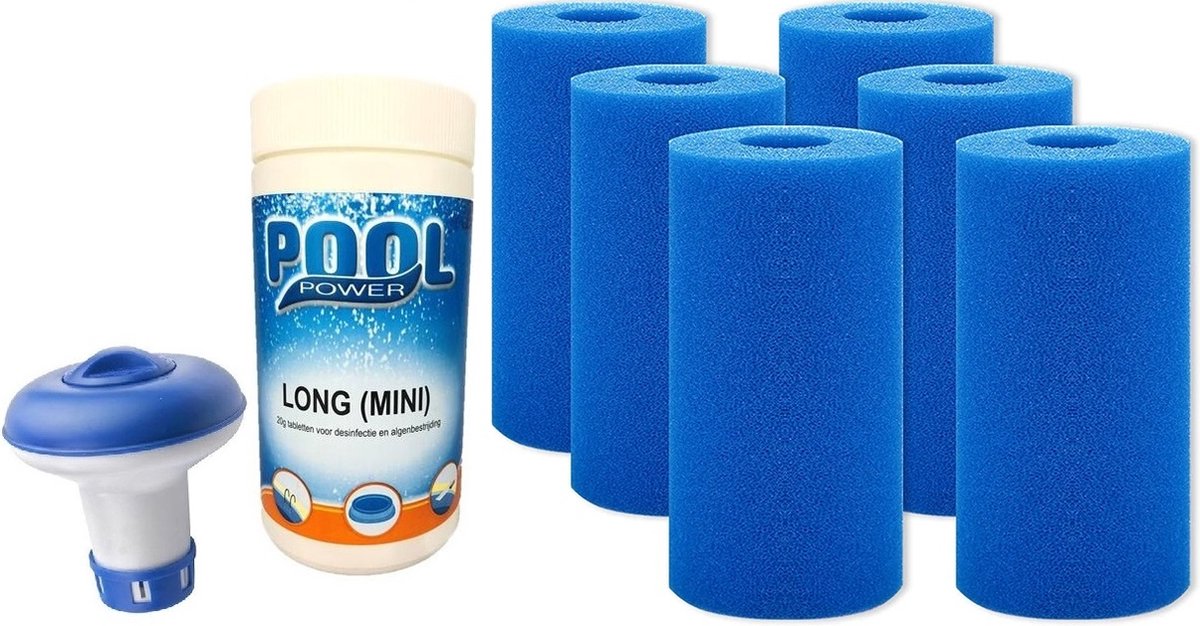 6x Foam A filter cartridge voor Intex - set met 1kg chloortabletten en chloordrijver pakket