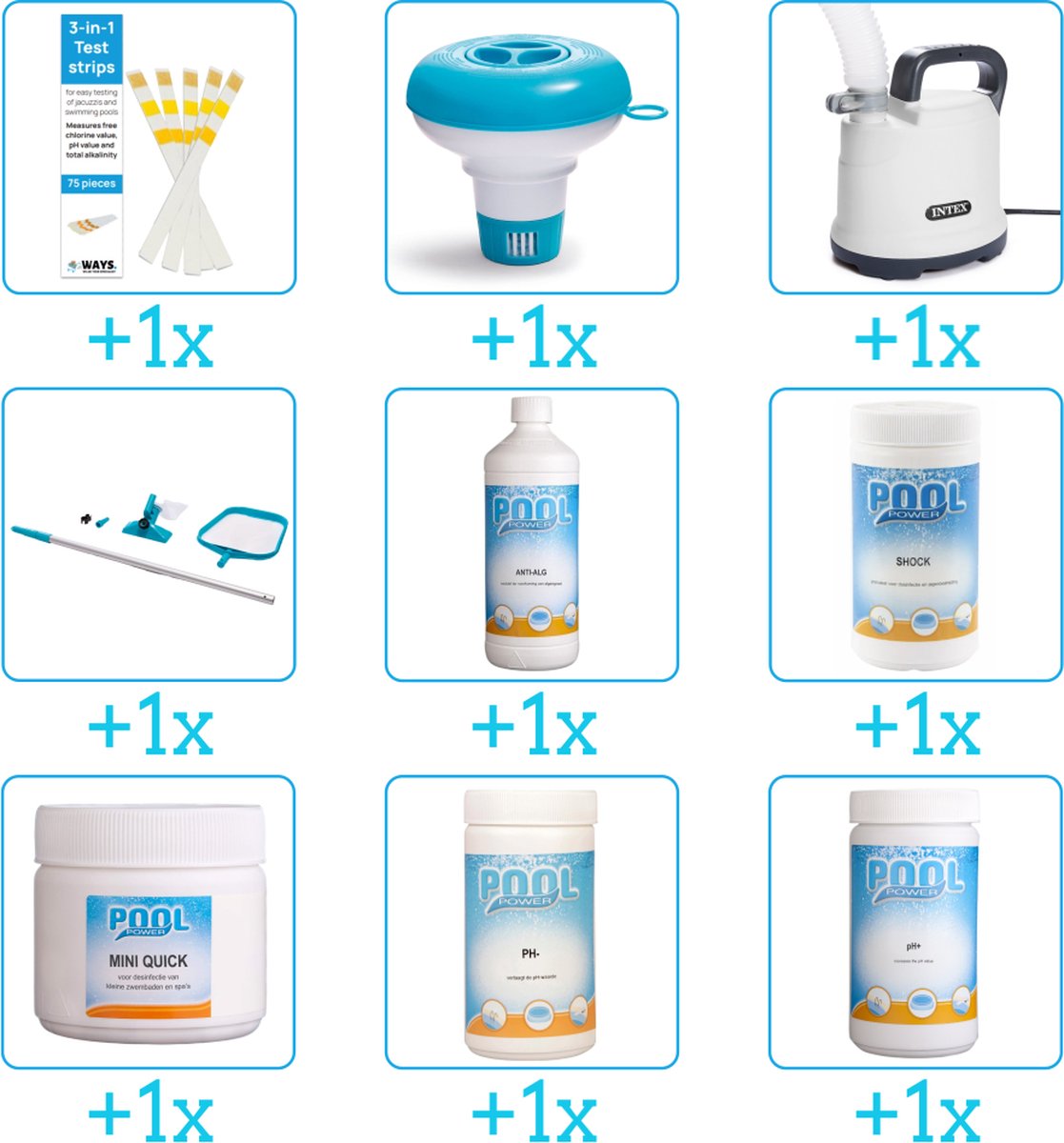 Alles-in-1 Zwembad Onderhoudspakket - bevat Chloor - PH-min - PH-plus - Schoonmaakset - Algen - Chloor - Testrips - Chloordrijver en Dompelpomp (9-delig)