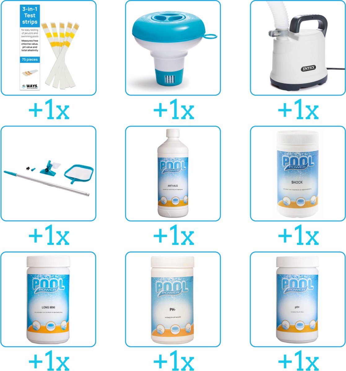 Alles-in-1 Zwembad Onderhoudspakket - bevat Chloor - PH-min - PH-plus - Schoonmaakset - Algen - Chloor - Testrips - Chloordrijver en Dompelpomp (9-delig)