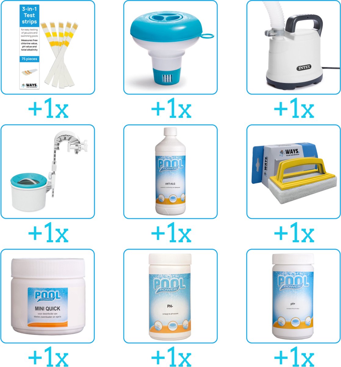 Alles-in-1 Zwembad Onderhoudspakket - bevat Chloor - PH-min - PH-plus - Skimmer - Algen - Scrubborstel - Testrips - Chloordrijver en Dompelpomp (9-delig)