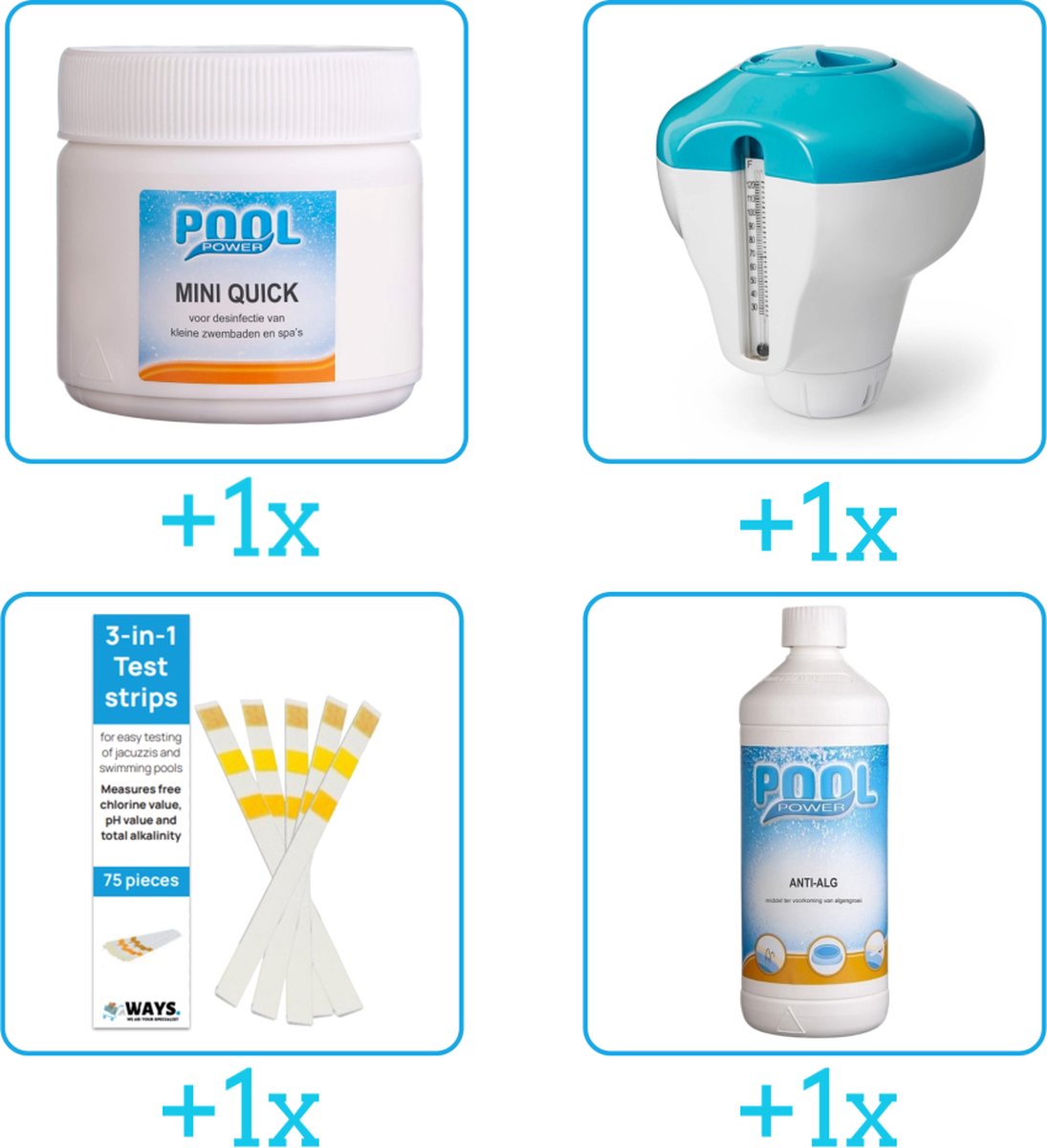 Zwembad Onderhoudsset - Startersset bevat Chloor - Chloordrijver - Testrips en Algen - Zwembad Onderhoud Starterspakket - Chloortabletten - Voor zwembaden en Spas - Voor zwembaden tot 2500 liter (4-delig)