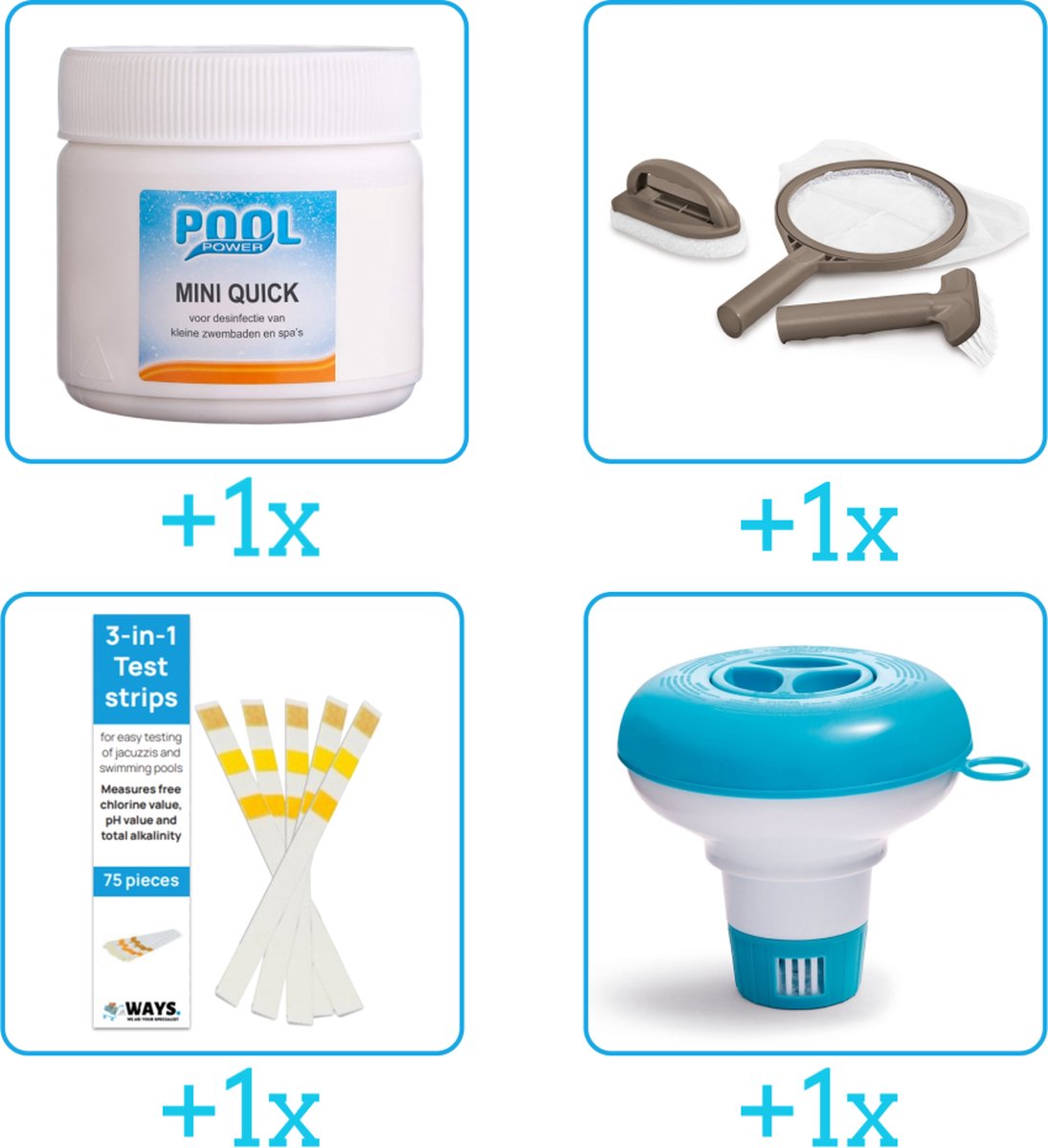Zwembad Onderhoudsset - Startersset bevat Chloor - Scrubpad - Schepnet - Borstel - Testrips en Chloordrijver - Spa Onderhoud Startersset - Onderhoud voor Spa - Geschikt voor alle type Spas (4-delig)