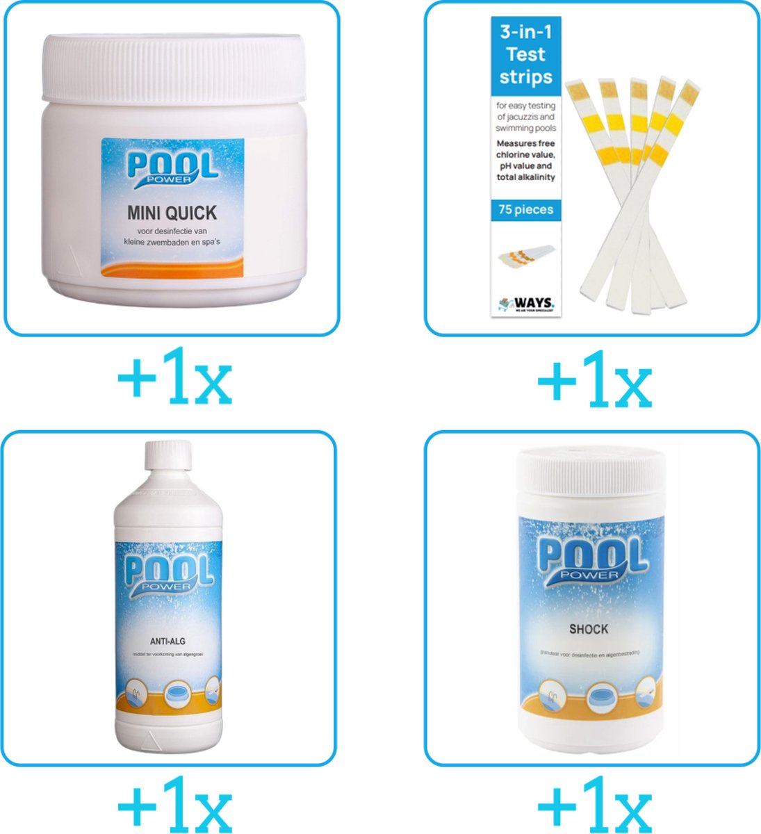Zwembad Onderhoudsset - Startersset bevat Chloor - Testrips - Algen en Chloor - Zwembad Onderhoud Starterspakket - Chloortabletten - Voor zwembaden en Spas - Voor zwembaden tot 2500 liter (4-delig)