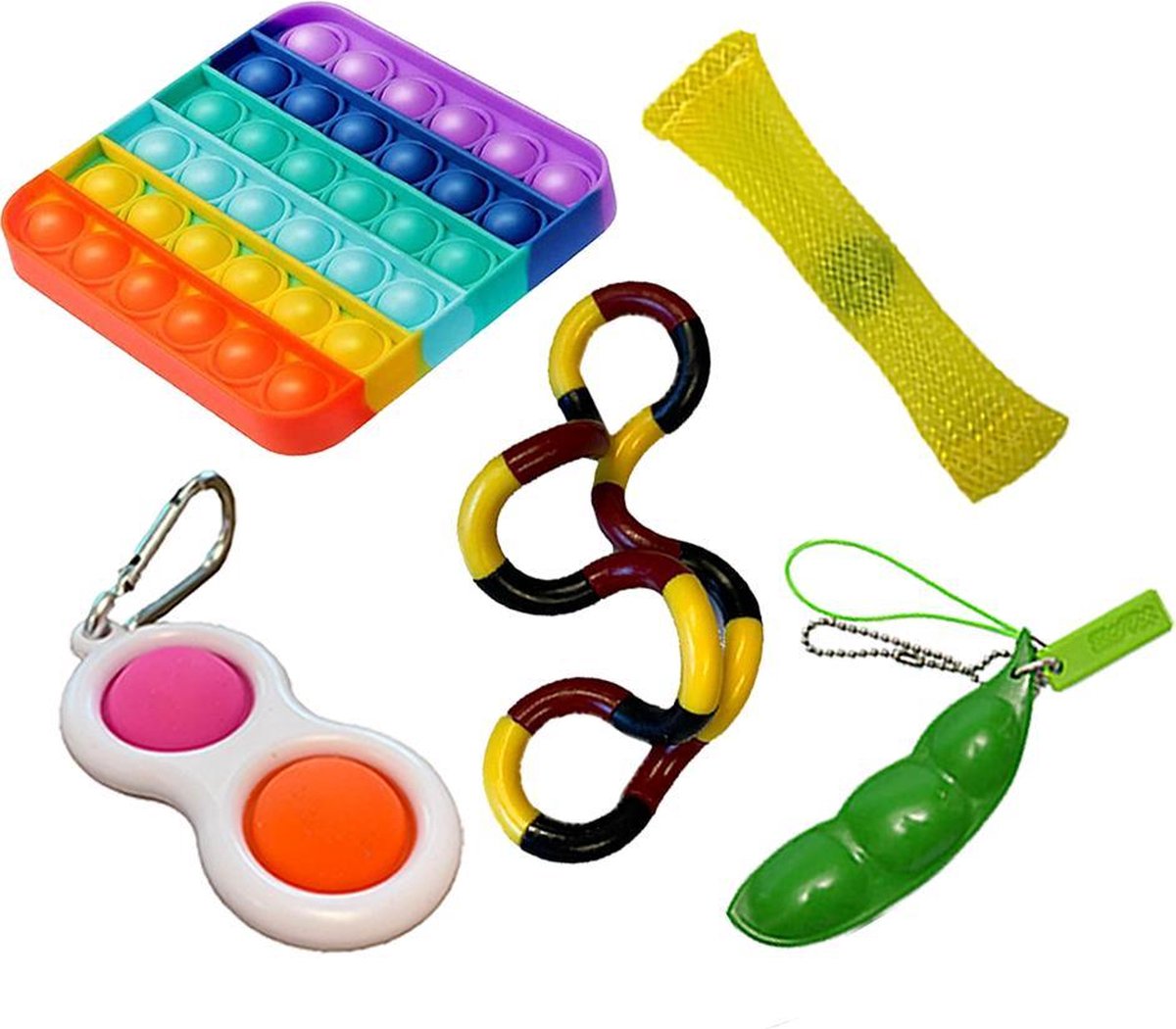 Pop it   toys pakket set - Pop it -  ® - 5 Delig - Simple dimple - Pea popper - Mesh-and-marble fidget toy - Twister twist - Pop it Regenboog vierkant