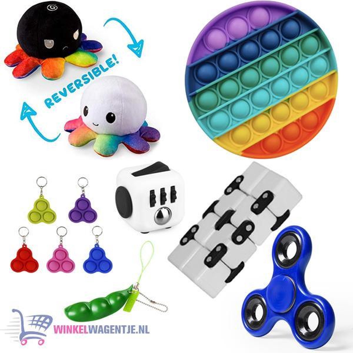 Pop It Fidget Rond (Regenboog) + Fidget Cube + Infinity Cube + Bean Popper & Simple Dimple + Octopus Mood Knuffel (Zwart/Wit Regenboog) + Fidget Spinner Blauw!