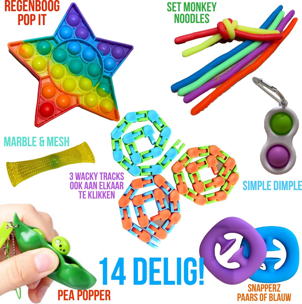 Fidget Must Have Pakket! 14 delig! Pop it monkey noodles snapperz en meer!