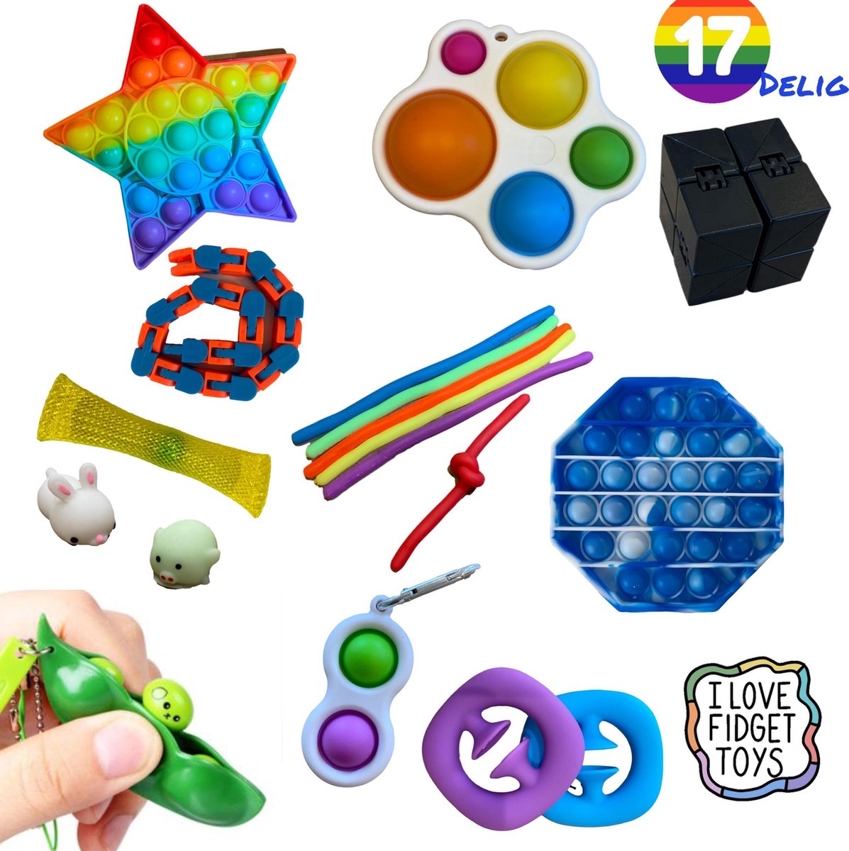 XXL fidget Pakket 17 delig Fidgets monkey noodles, pop it, squishy, cube, dimple