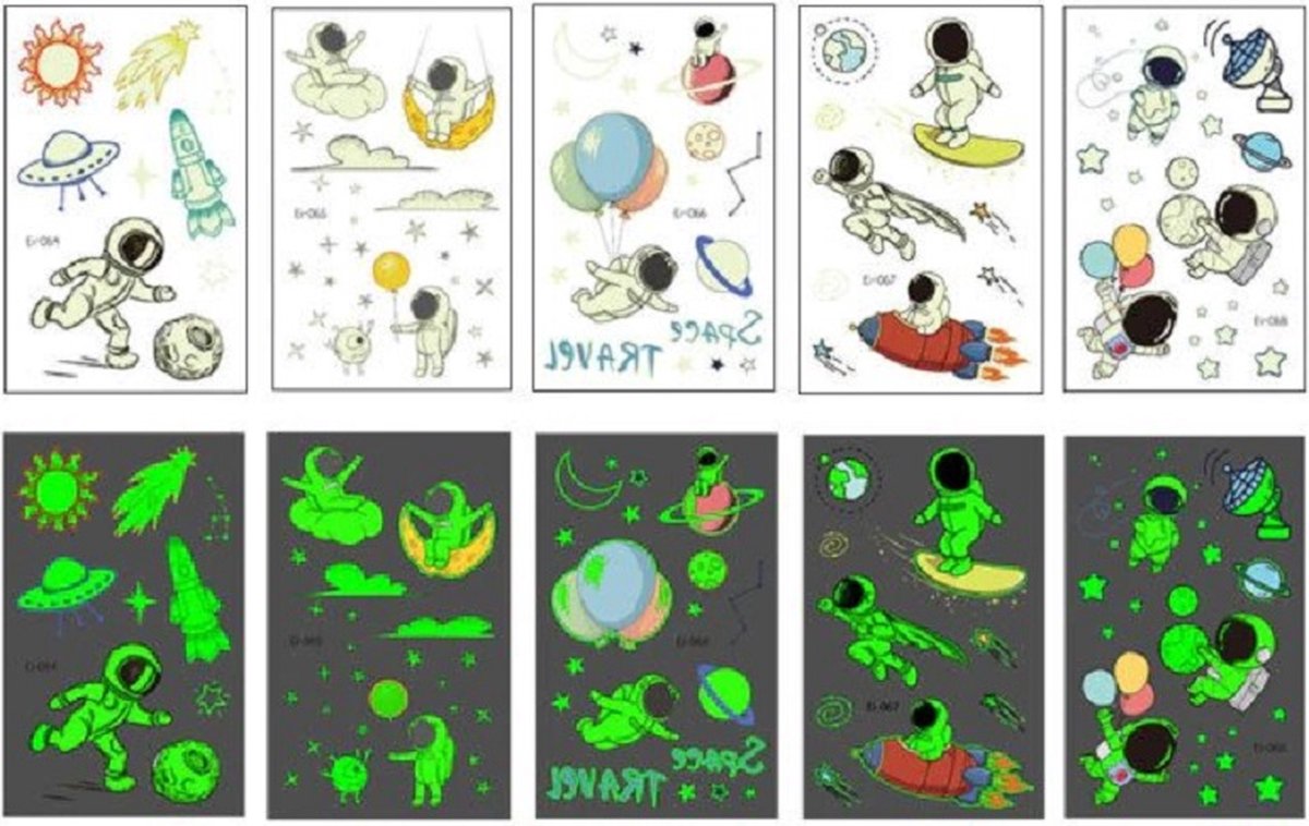 Tattoo kids - Lichtgevend - set - 5 vellen - kindertattoos - Glow in the dark - Astronauten - Travel Space