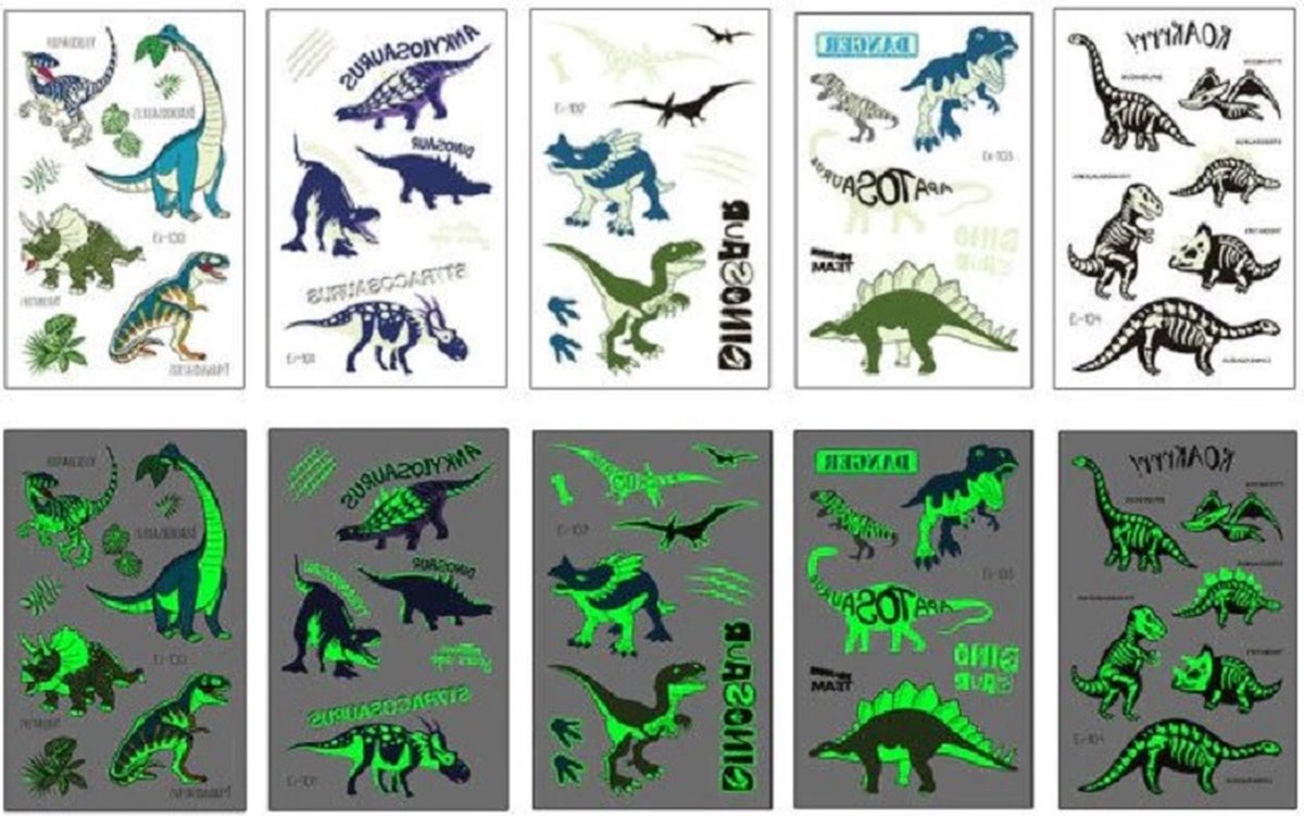 Tattoo kids - Lichtgevend - set - 5 vellen - kindertattoos - Glow in the dark - Dinosaurus