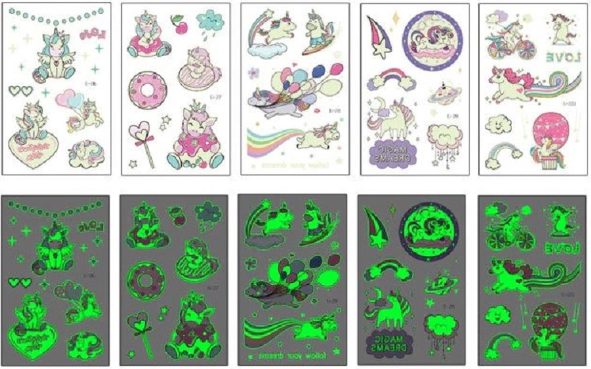 Tattoo kids - Lichtgevend - set - 5 vellen - kindertattoos - Glow in the dark - Unicorn - Eenhoorn - Donuts